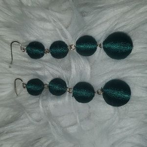 ~~Hunter Green Threaded Ball Earrings – Long Dangle Style~~